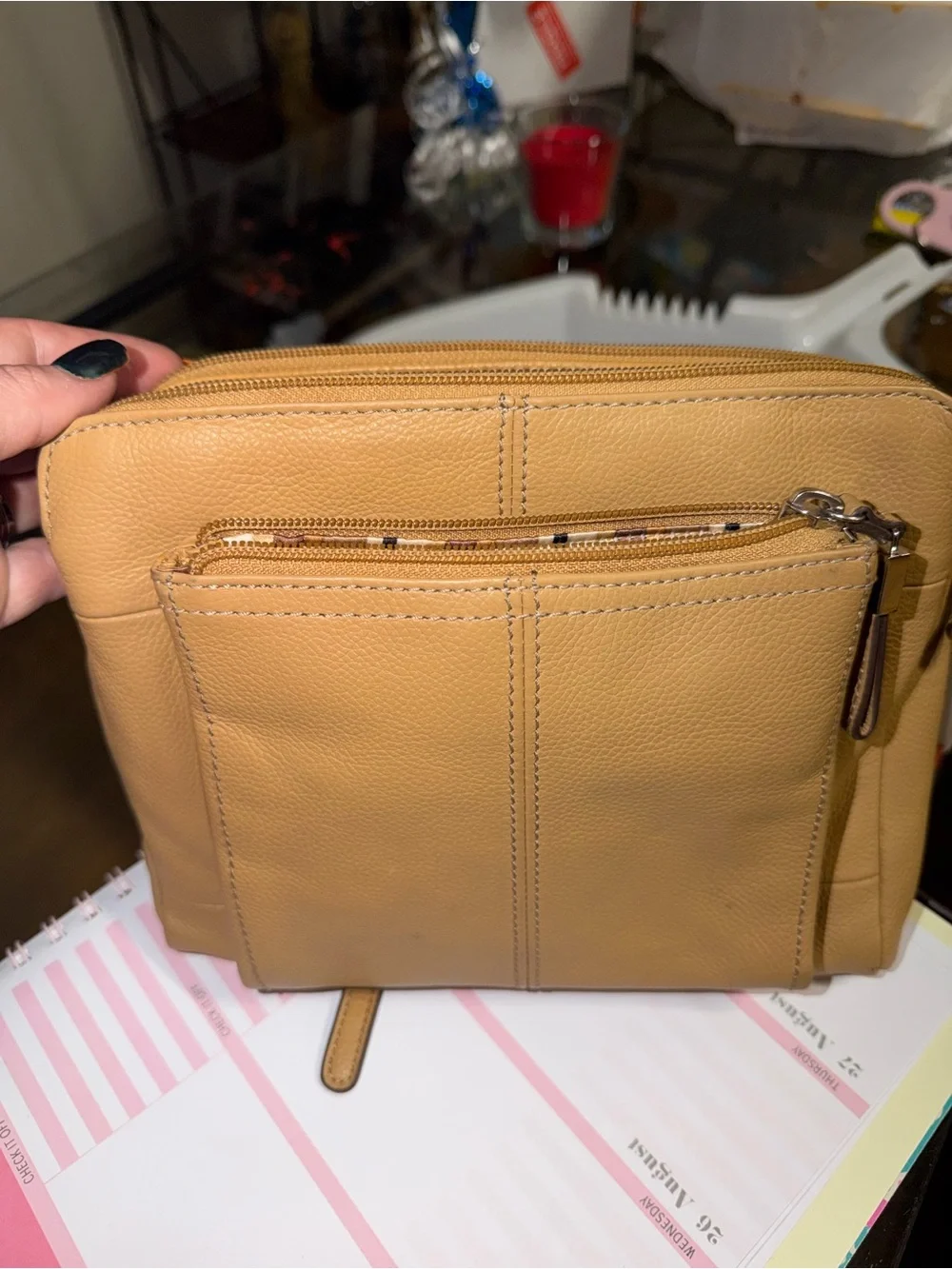 Tignanello Tan Leather Crossbody Bag with Front Zip Pocket AUTHENTIC BAG